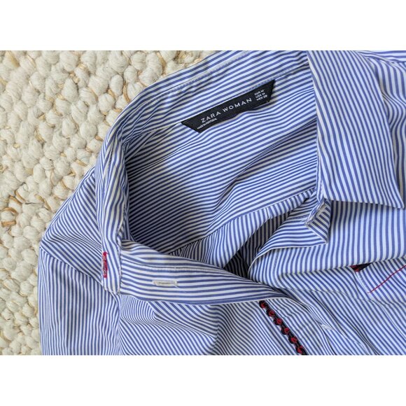 Zara Blue Stripe Shirt w/ Pom-Pom Embellishment - Size Medium - Picture 14 of 15
